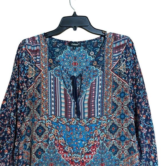 Tolani Shift Dress Small Multicolor Paisley Print Boho Silk Ruched Sleeves - Picture 2 of 9